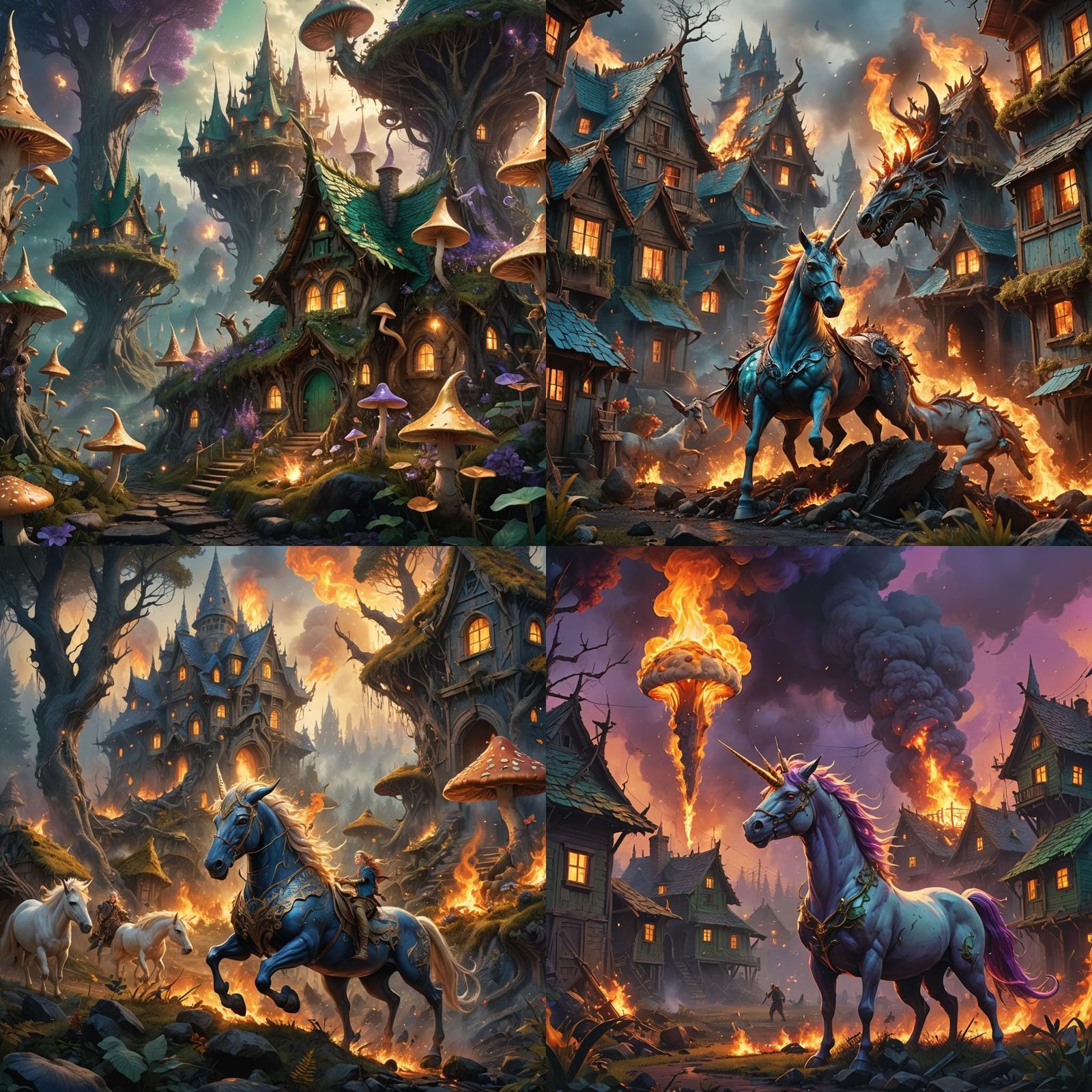 Fairies and Elves Battle Evil Unicorn in Fantasy Art