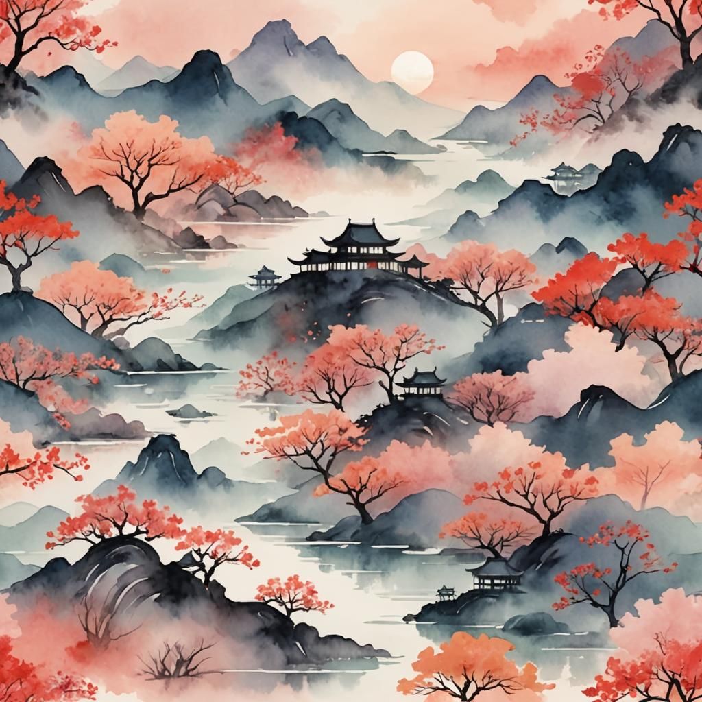 Lunar New Year: Chinese Watercolor Landscape in Zen Style