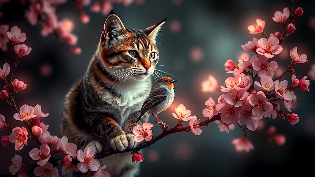 Under the Cherry Blossom Spell:  A Cat and Bird in Awe