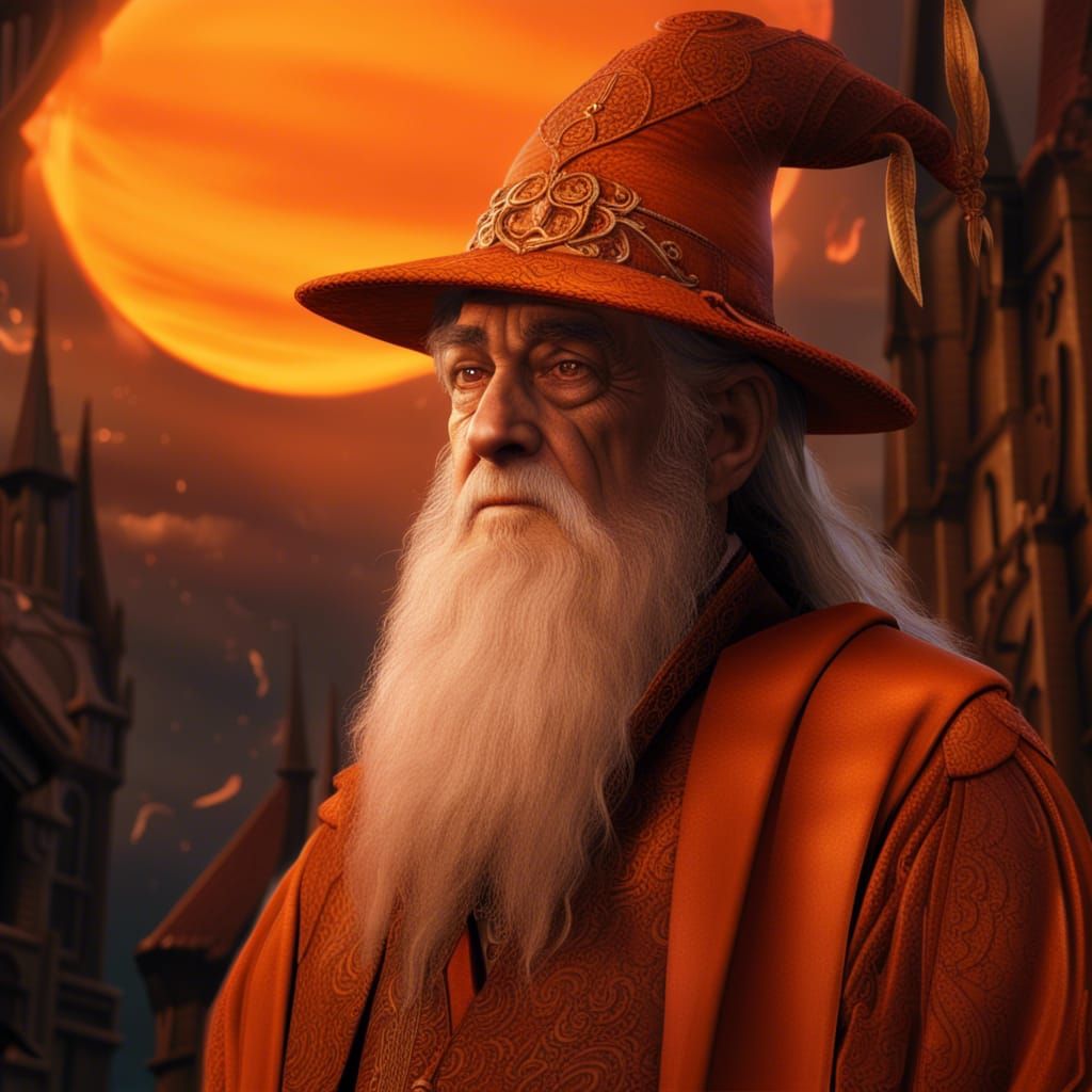 Dumbledore in Orange Sky: Detailed Matte Painting