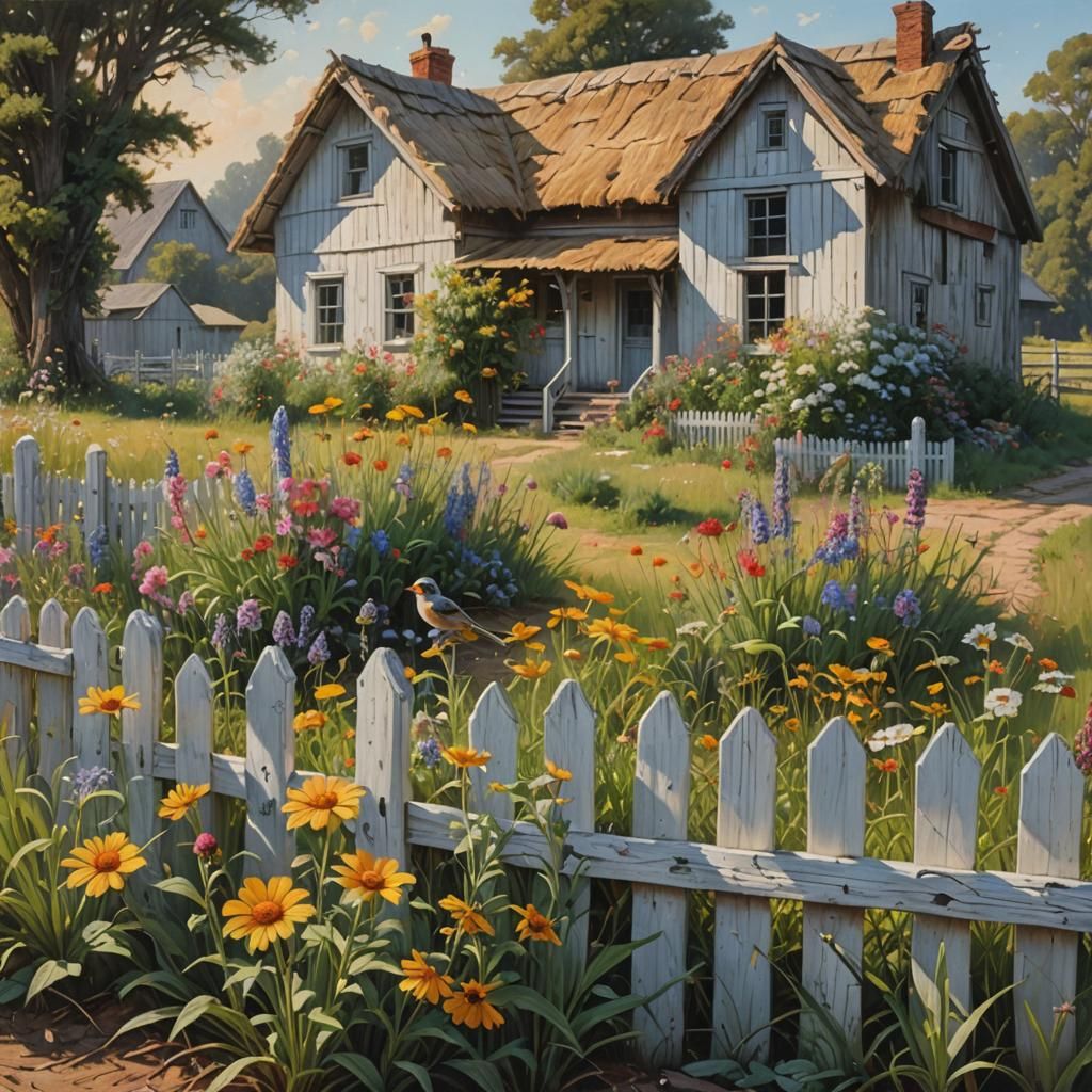Hyperrealistic Wildflowers at Cottage, Oil Painting Style