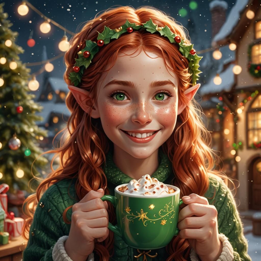 Joyful Christmas Elf Making Hot Cocoa
