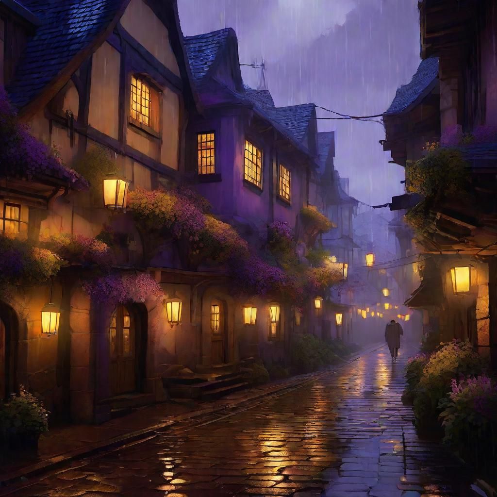 Rainy Village at Night in Dark Fantasy Style