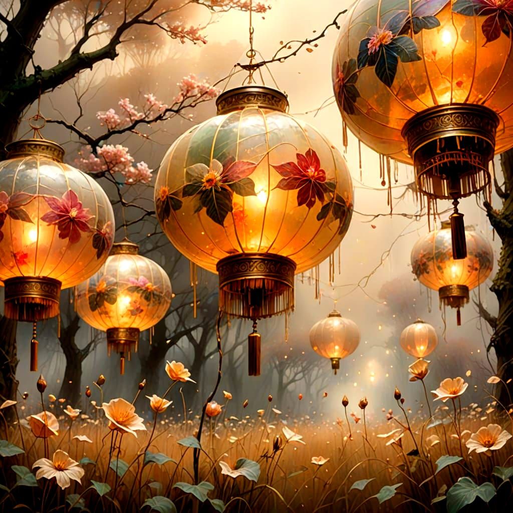 Ethereal Sepia Chinese Lanterns in Dream Field