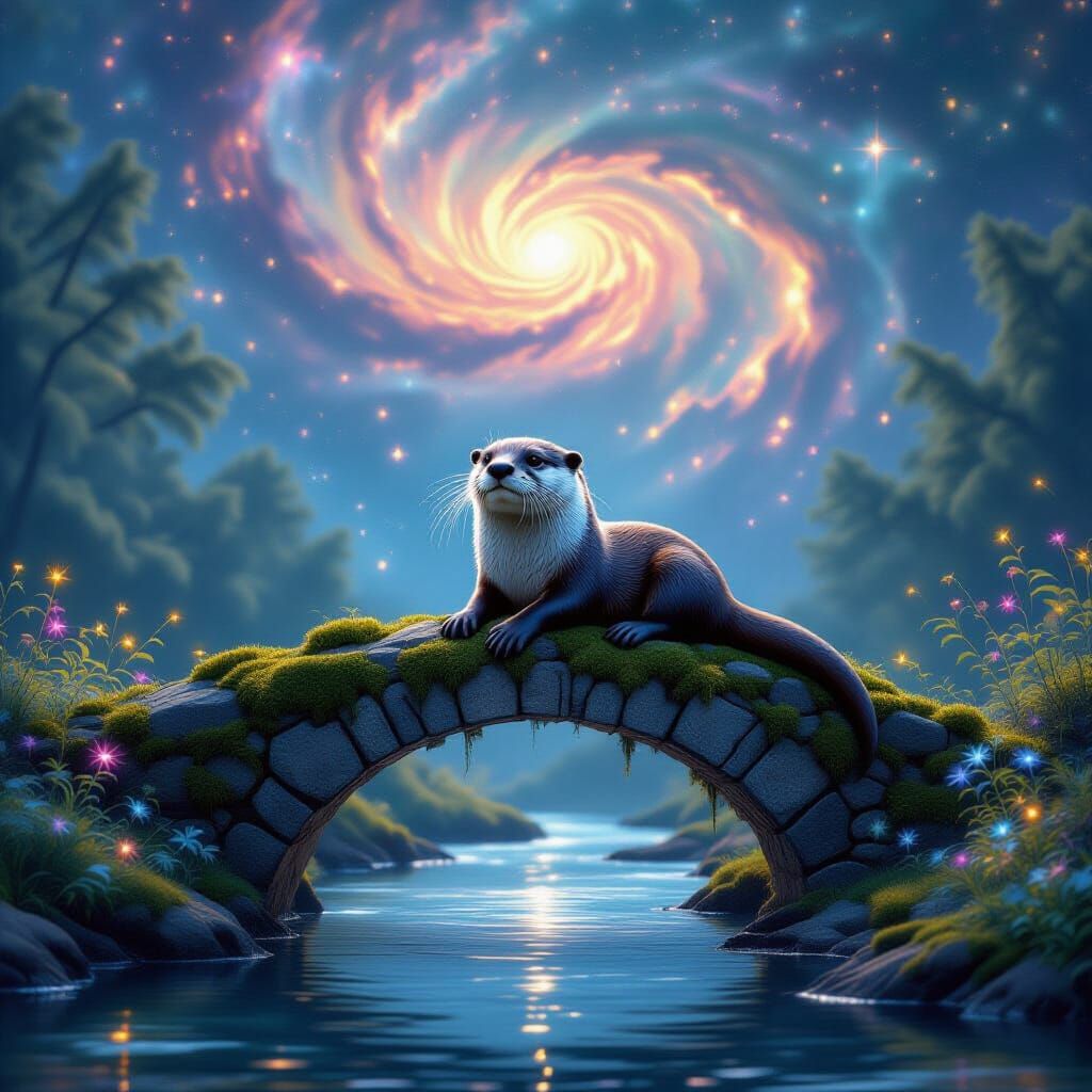 Wise Otter on Celestial Bridge in Nebula Light