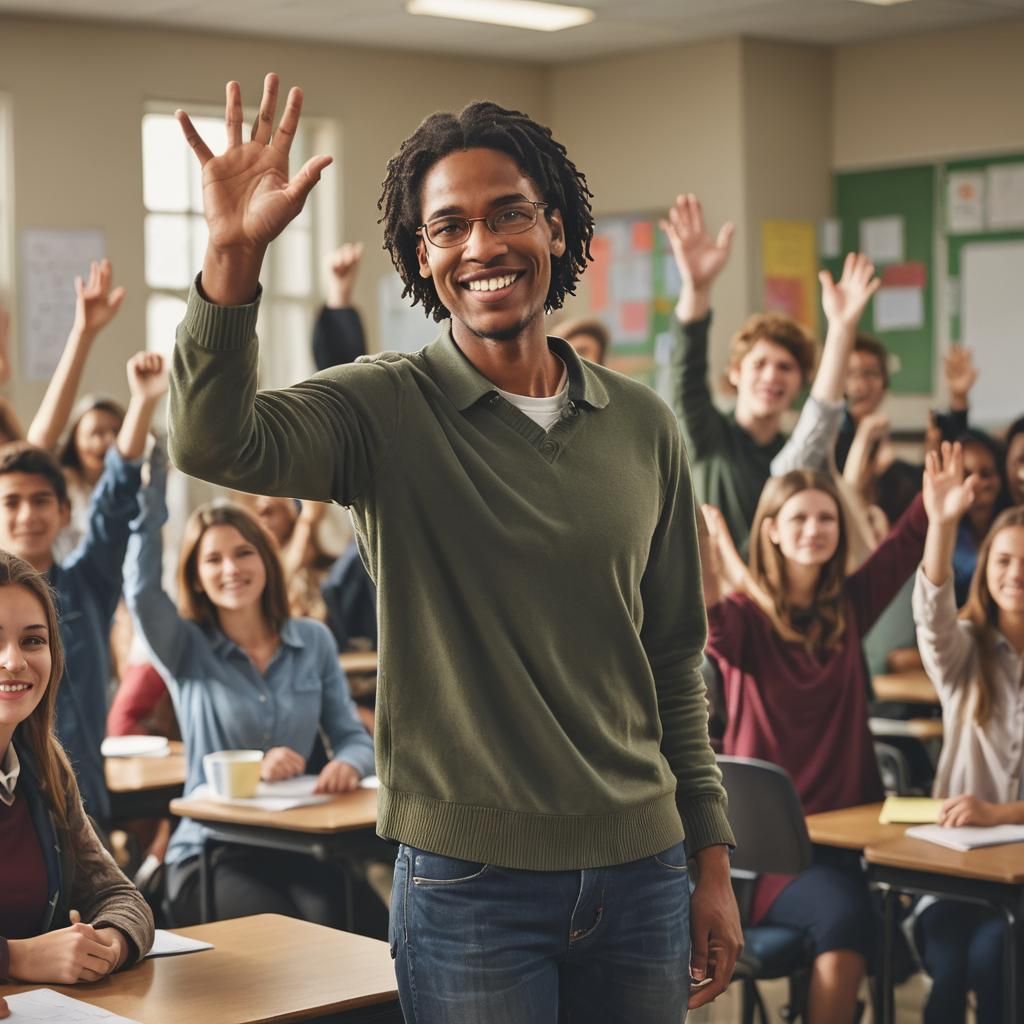 Teacher in Classroom, Photorealistic Portrait with Students