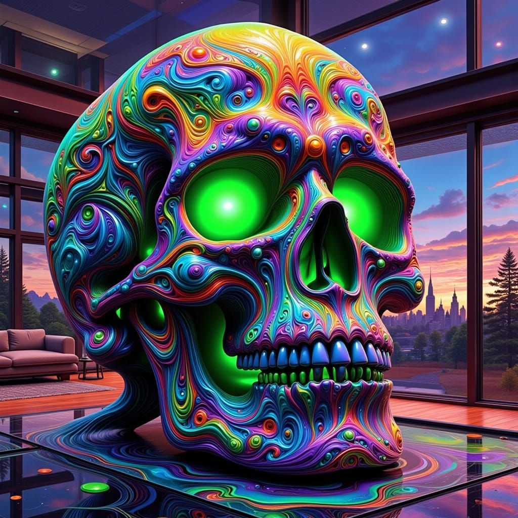 Psychedelic Skull with Glowing Eyes in Modern Living Room
