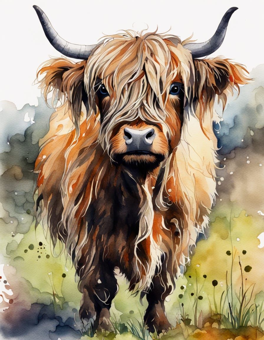 Charming Miniature Highland Cow in Vibrant Watercolor