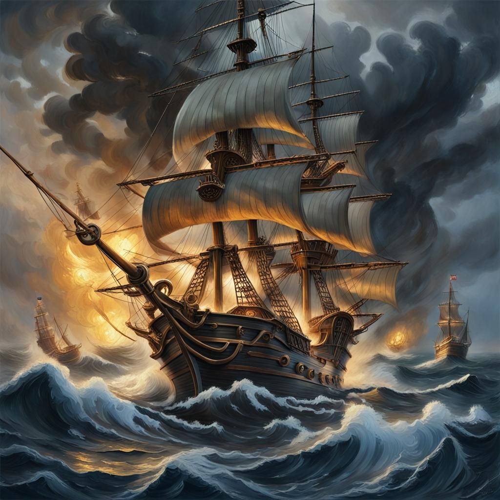 Pirates Engage in Turbulent Naval Battle on Stormy Seas in O...