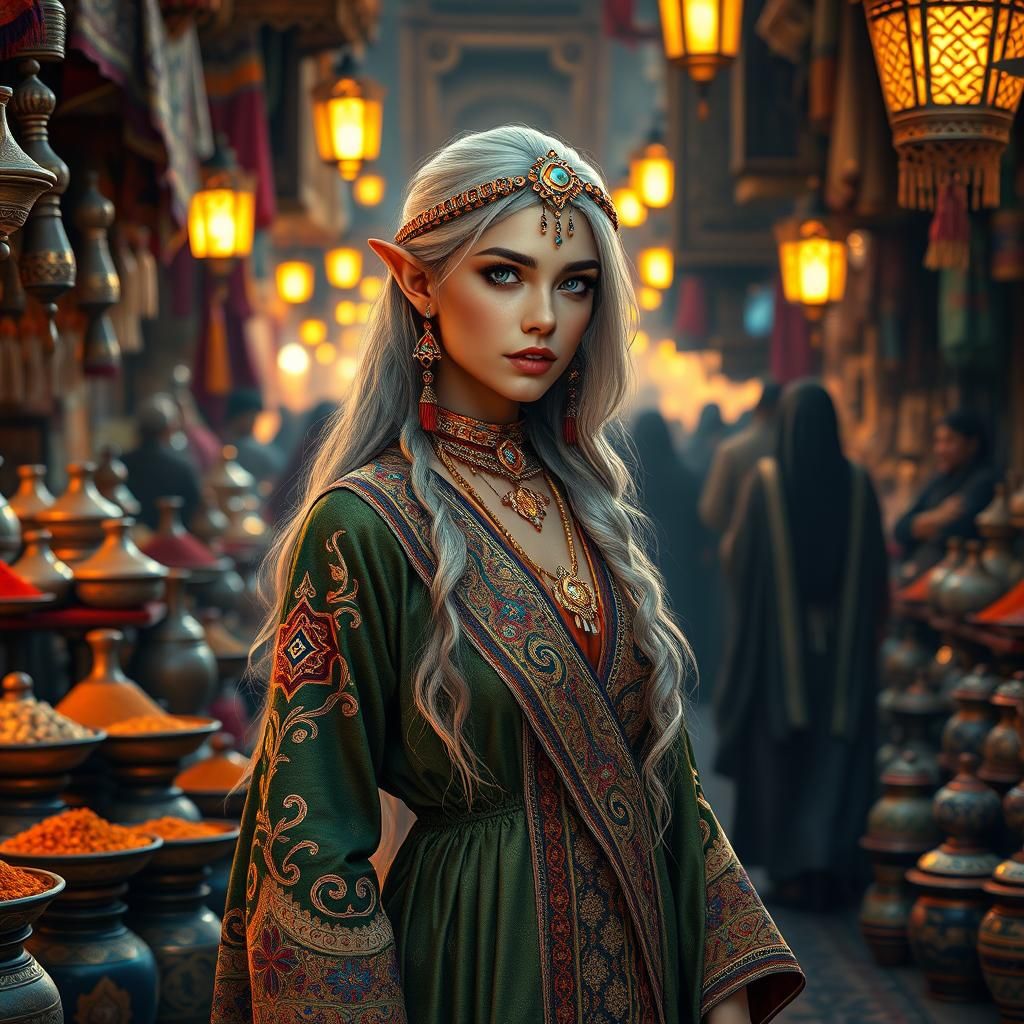 Elegant Moroccan Elf in Medina, Fantasy Concept Art