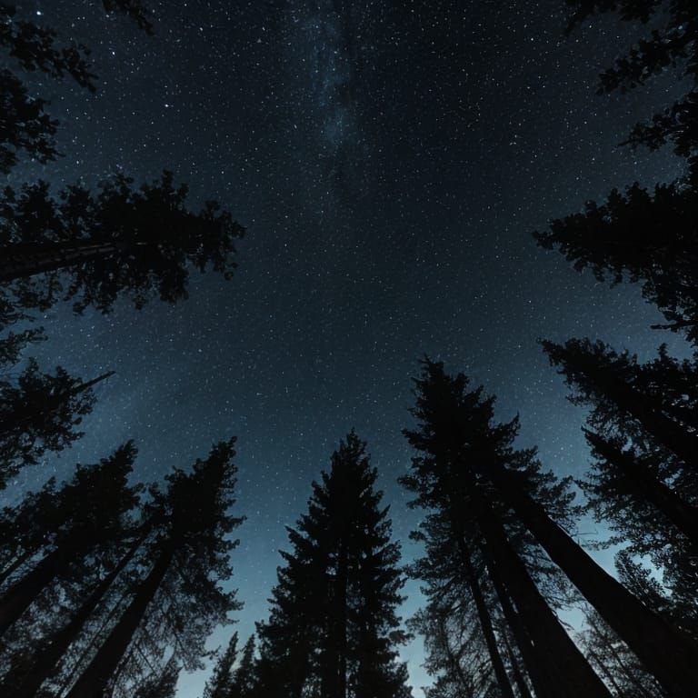 Starry Night Sky Over Dark Forest Canopy