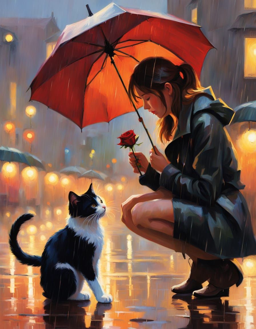 Impressionist Masterpiece of a Rose and a Kitten in the Rain