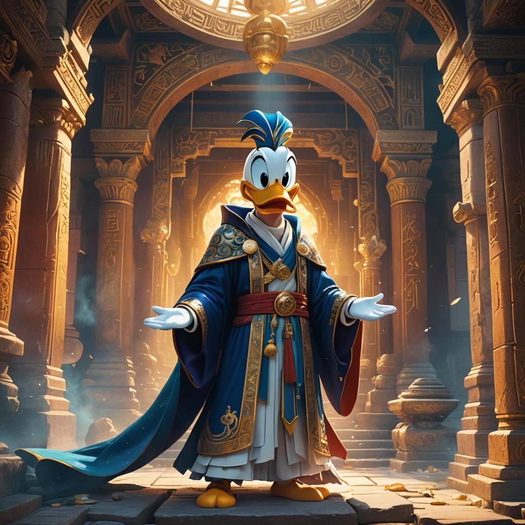 Donald Duck as Prophet in Ancient Temple in Anime Style