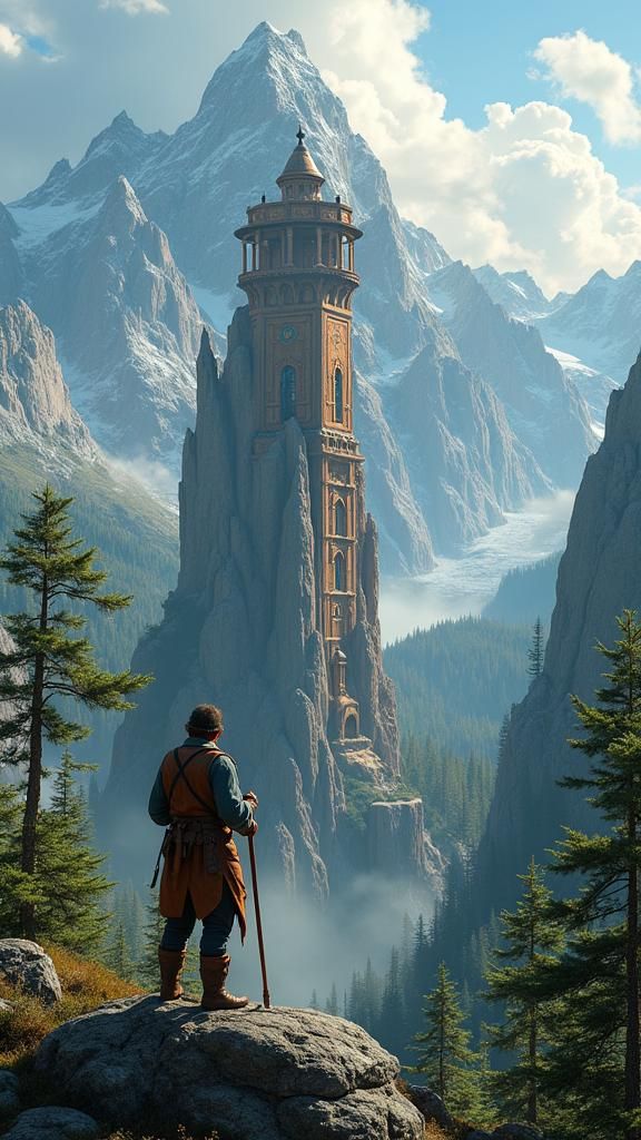 Mystical Carpenter Constructing Structure in Mountain Range