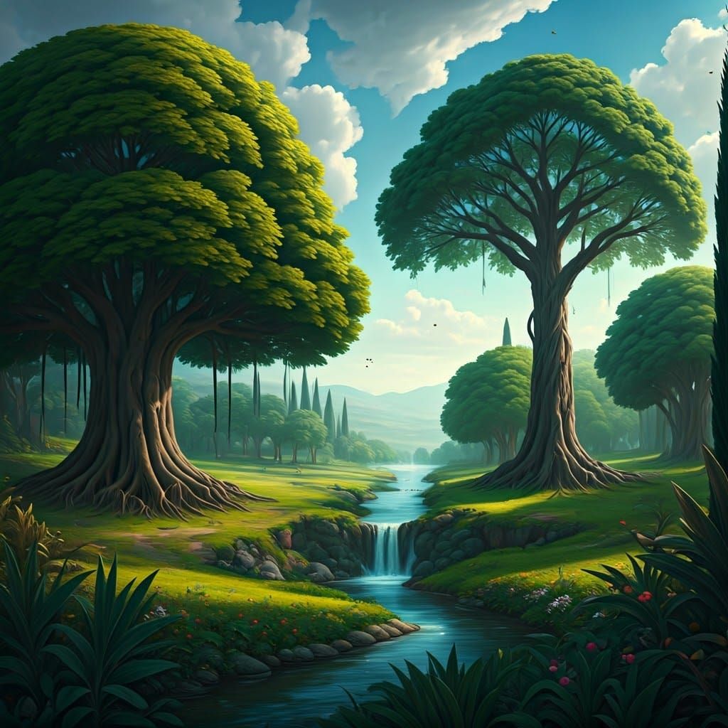 Eden: A Paradise Garden with Rivers and Trees