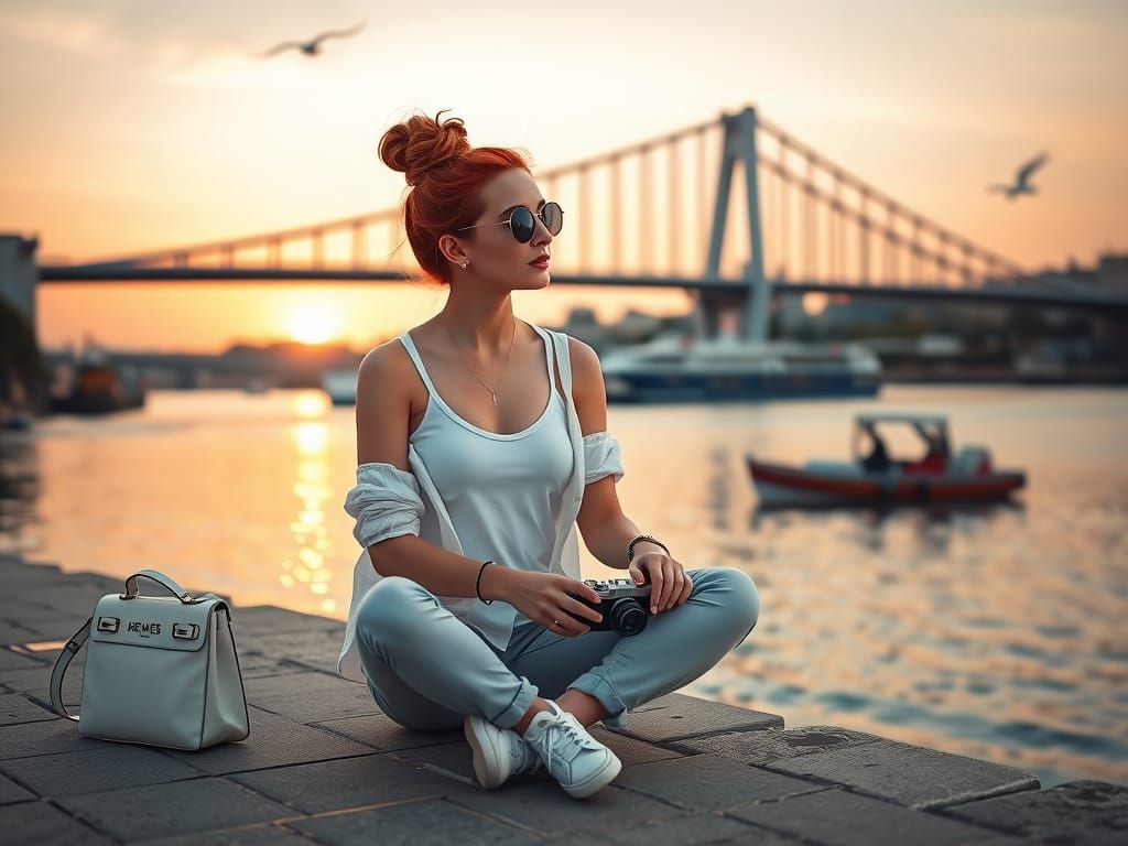 Woman by River Under Golden Hour Bridge