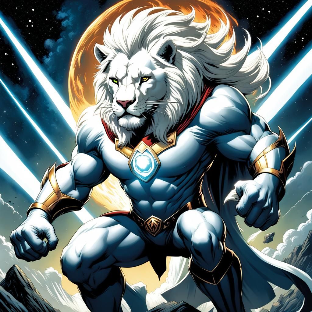 White Lion Superhero in Comic Book Art Style