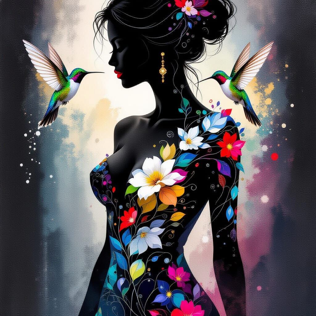 Woman Silhouette with Hummingbirds in Watercolor Acrylic Sty...
