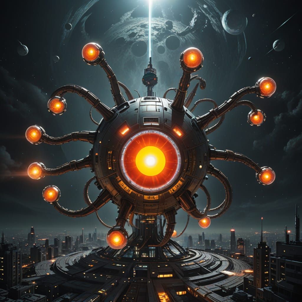 Heavily Armed Space Station Over Cityscape