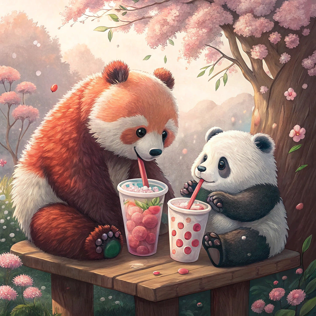 Pandas Sipping Boba in Impressionist Watercolor Style