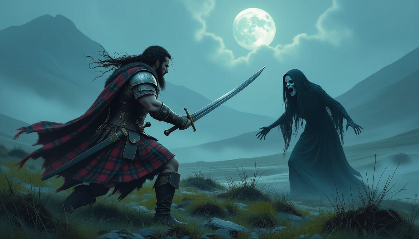 Scottish Warrior Confronts Banshee on Misty Moor