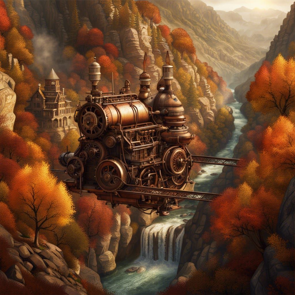 Autumn Mountain Canyon Scene with Steampunk Engine