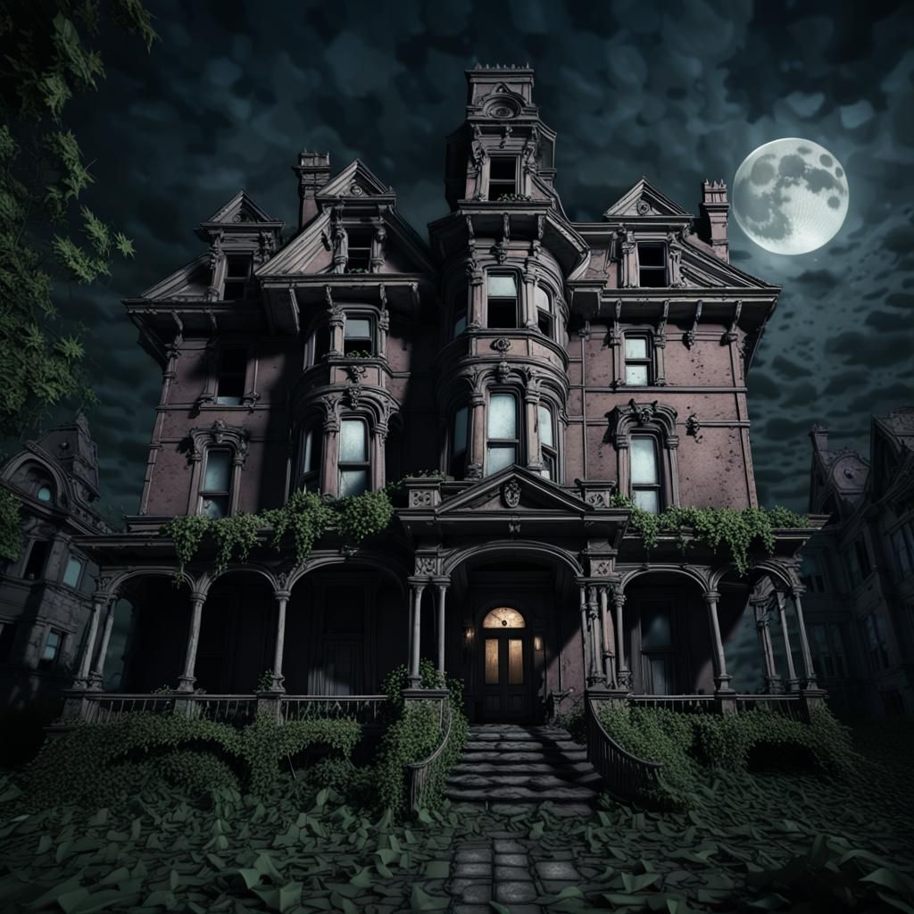 Post-Apocalyptic Haunted Victorian Mansion at Night