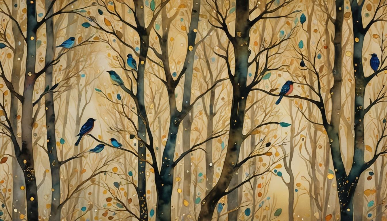 Klimt-Inspired Watercolour Songbirds in Forest
