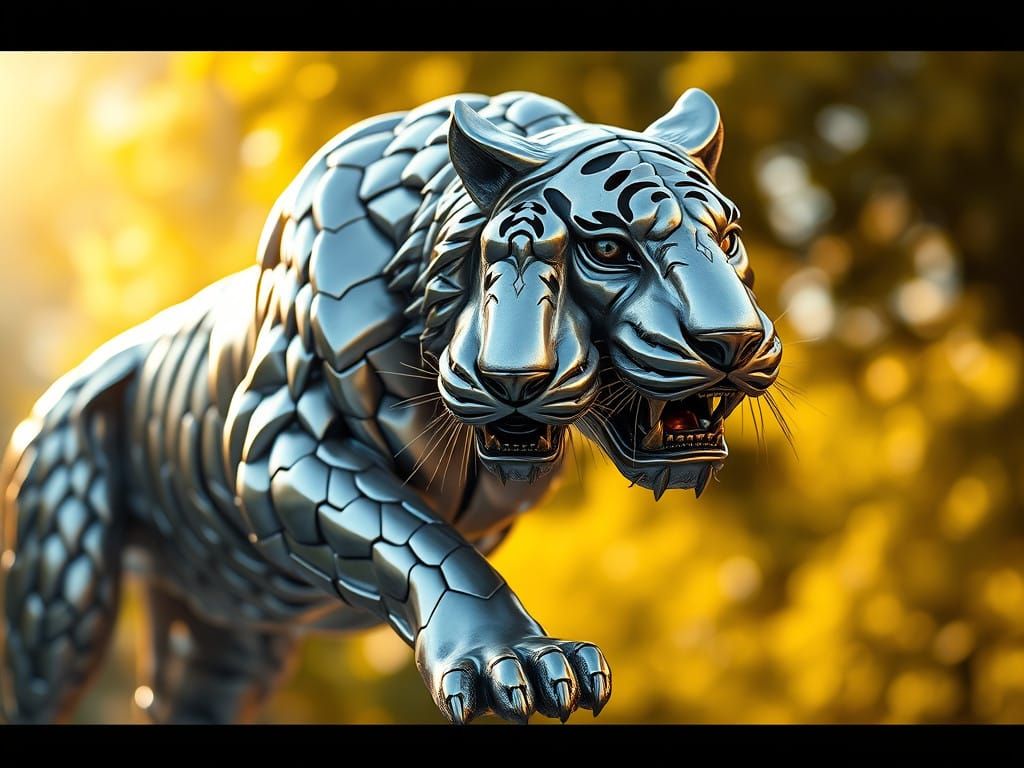 A silver and gold metallic statue of a tiger pouncing