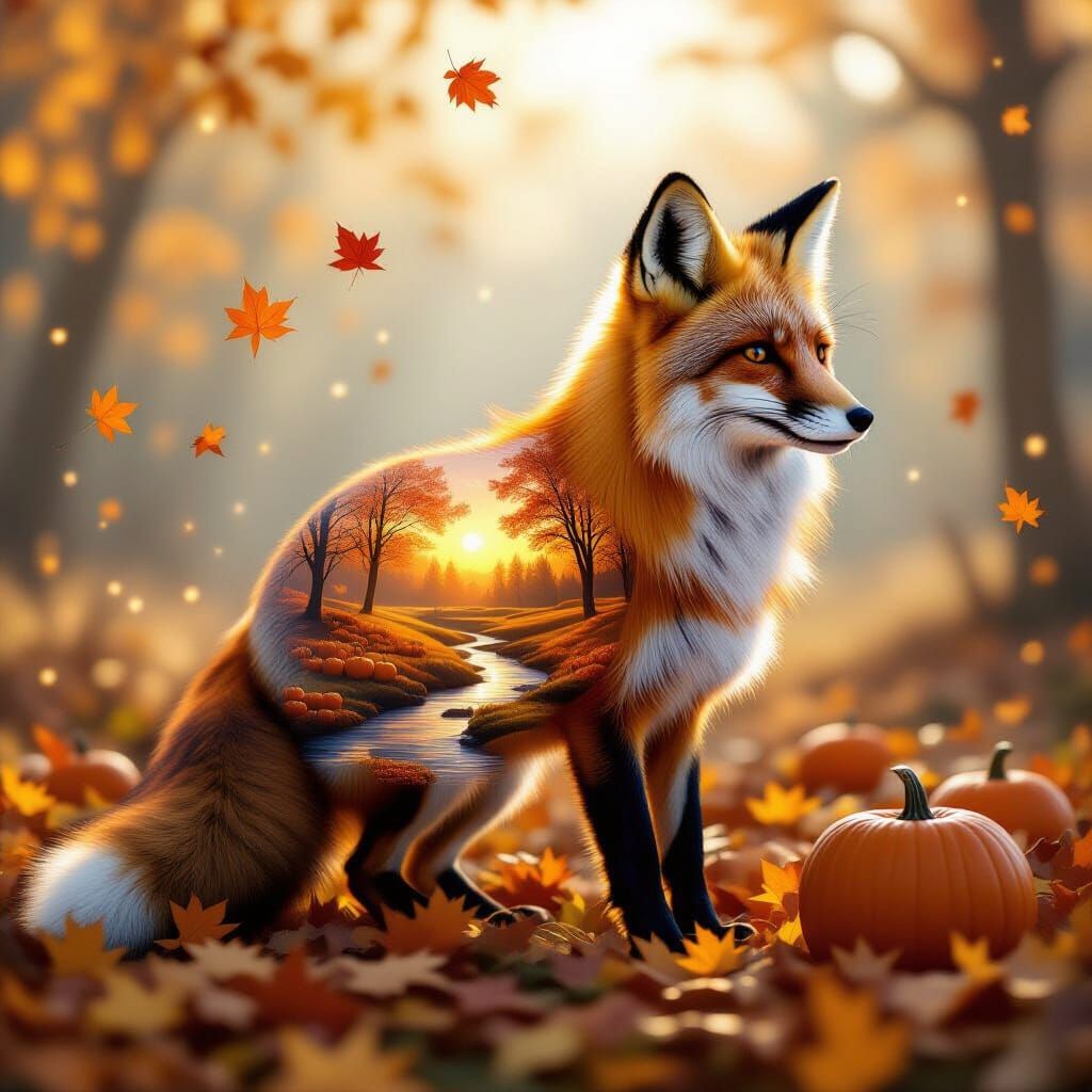 Fox Silhouette Filled With Autumn Landscape and Falling Leav...