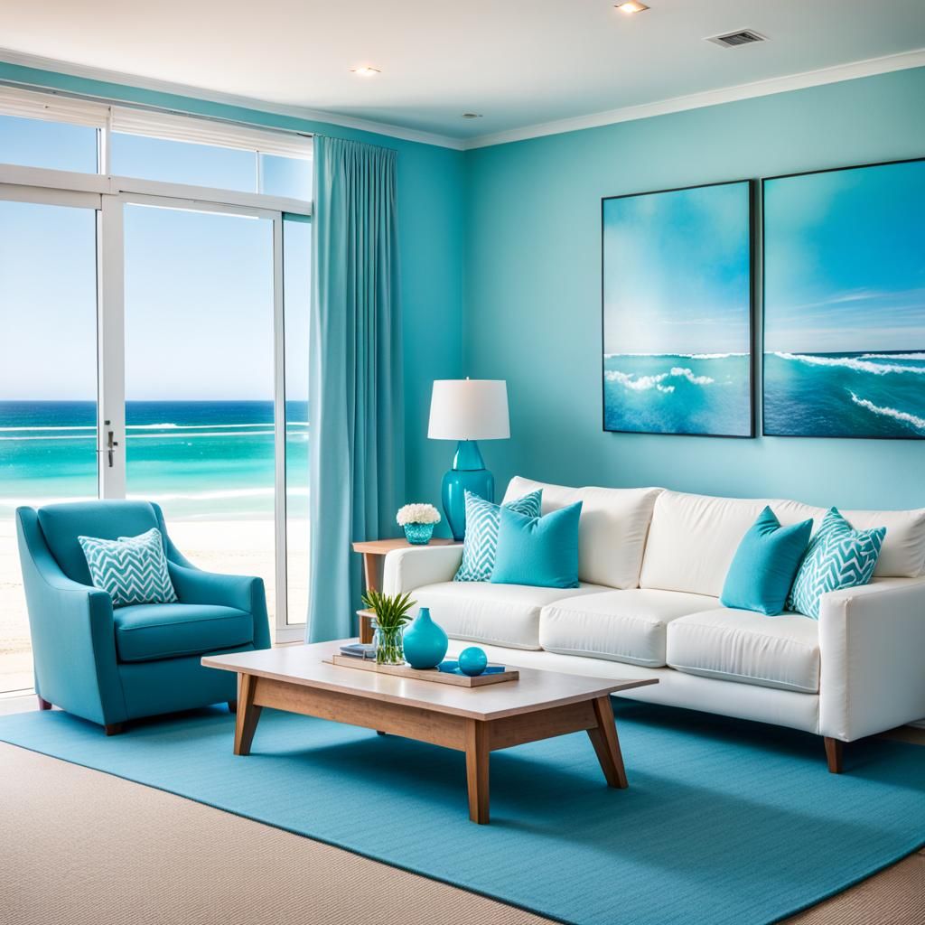 Ocean-Themed Beach House Lounge in Cyan and Blue