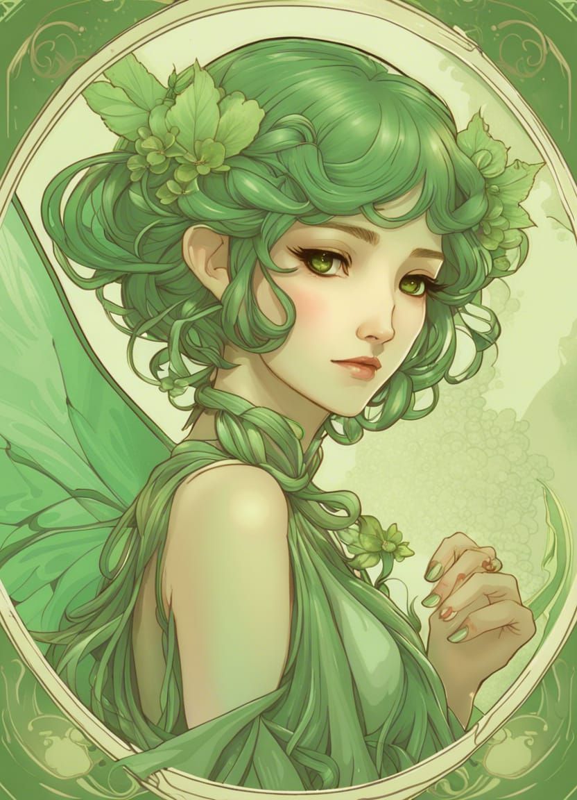 Anime Tarot Card with Chinese Fairy in Art Nouveau Style
