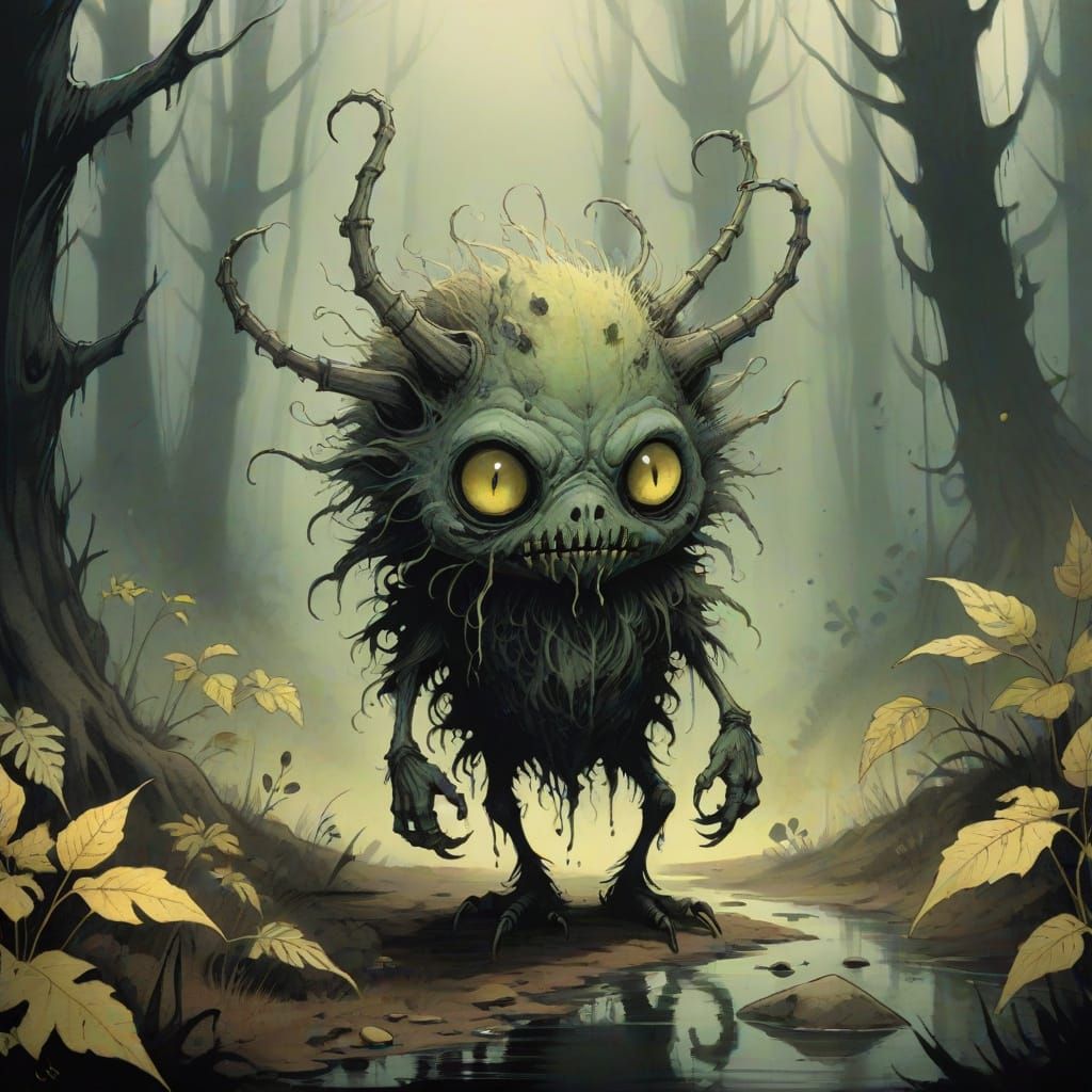 Eerie Fuzzy Critter with Spindly Legs in Dark Forest