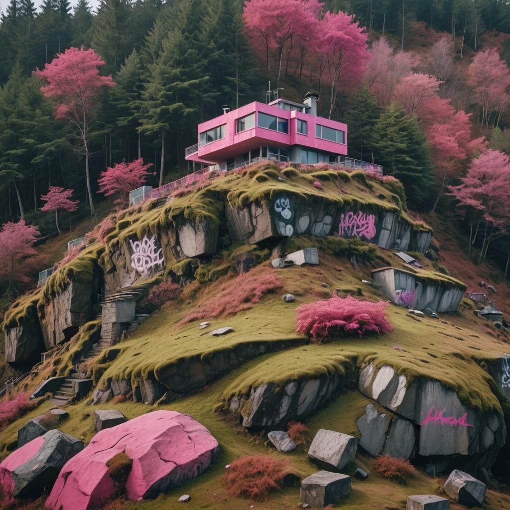 Pink Graffiti House on Mossy Hill in Cinematic Style