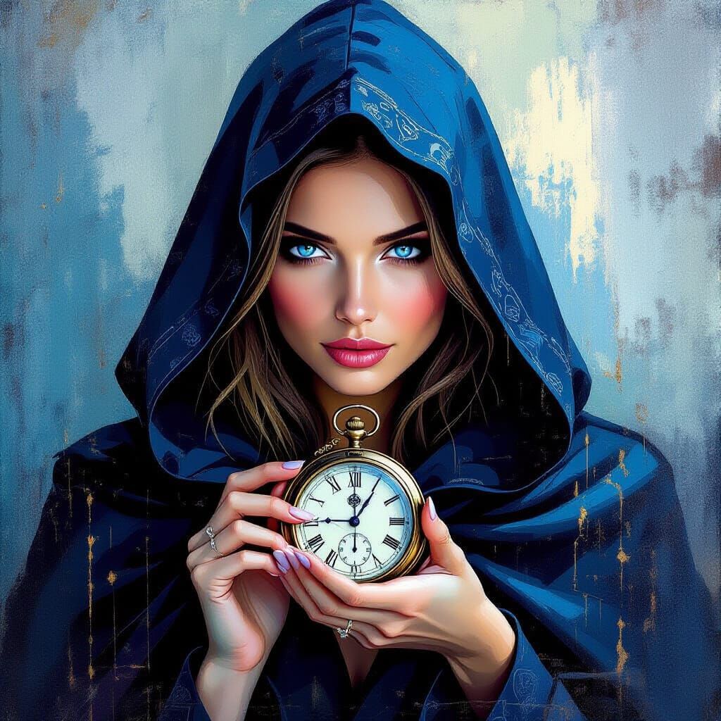 Woman with Blue Eyes and Pocket Watch in Impasto Style