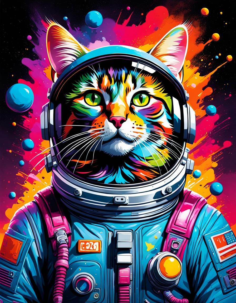 Colorful Cat in Spacesuit, Graffiti Street Art Portrait