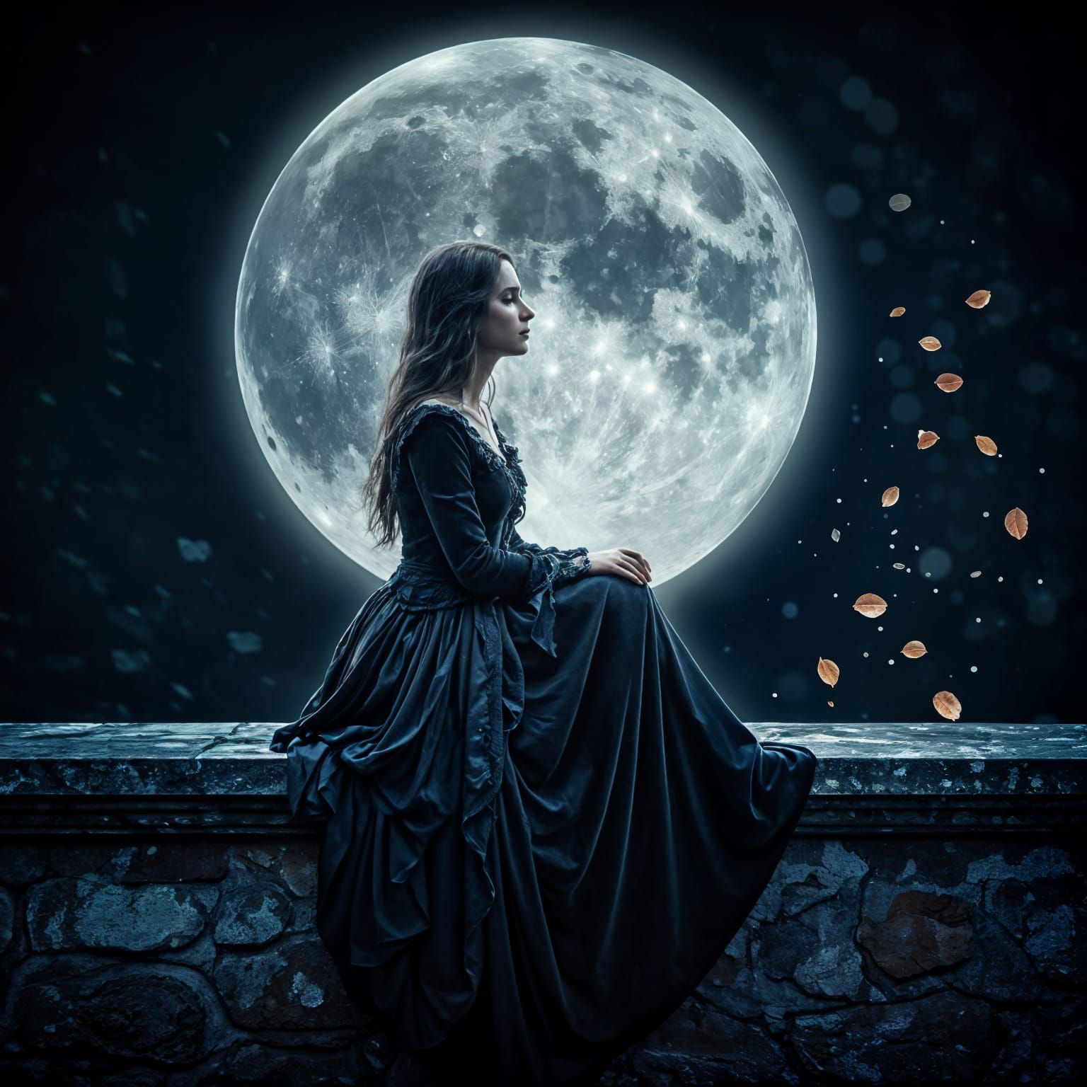 Moonlit Woman in Garden: Romantic Oil Painting