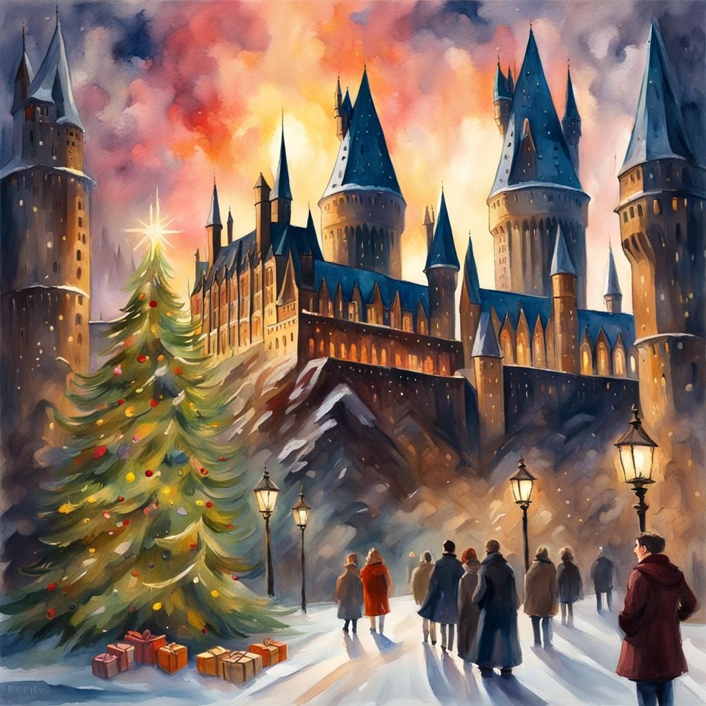 Hogwarts Christmas in Gouache Watercolor Style