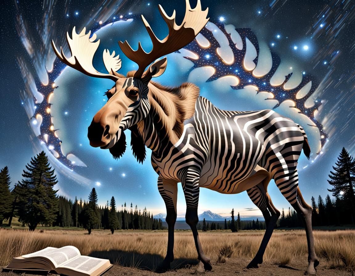 Moose-Zebra Hybrid with Book in Enigmatic Style