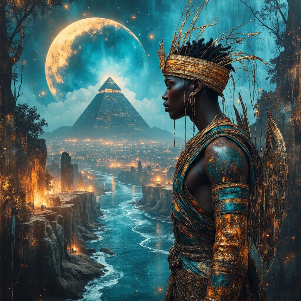 Afrofuturistic Warrior in Cyberpunk City