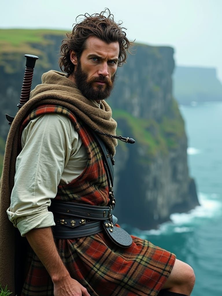 Fierce Highlander on Windswept Cliff in 8k