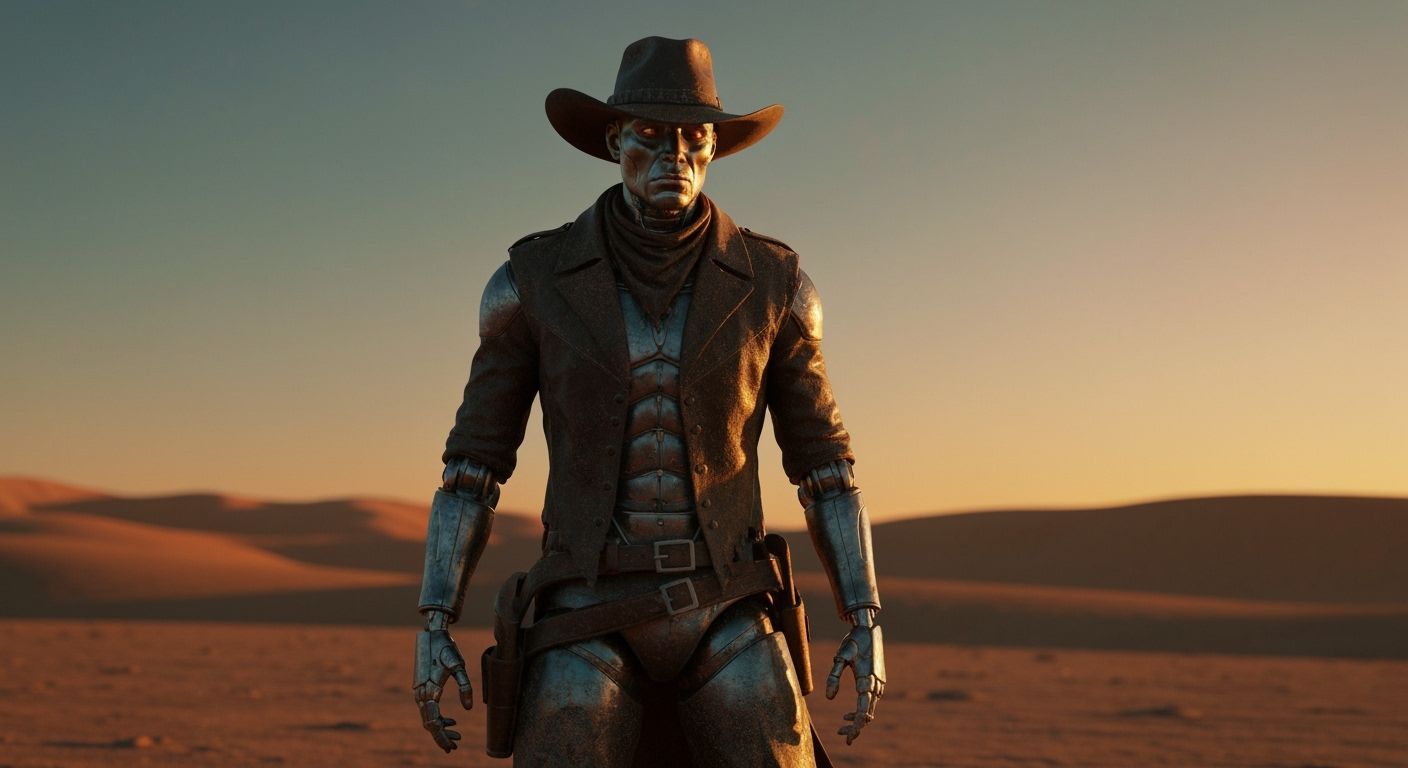 Cyborg Cowboy in Alien Desert Sunset, Matte Painting