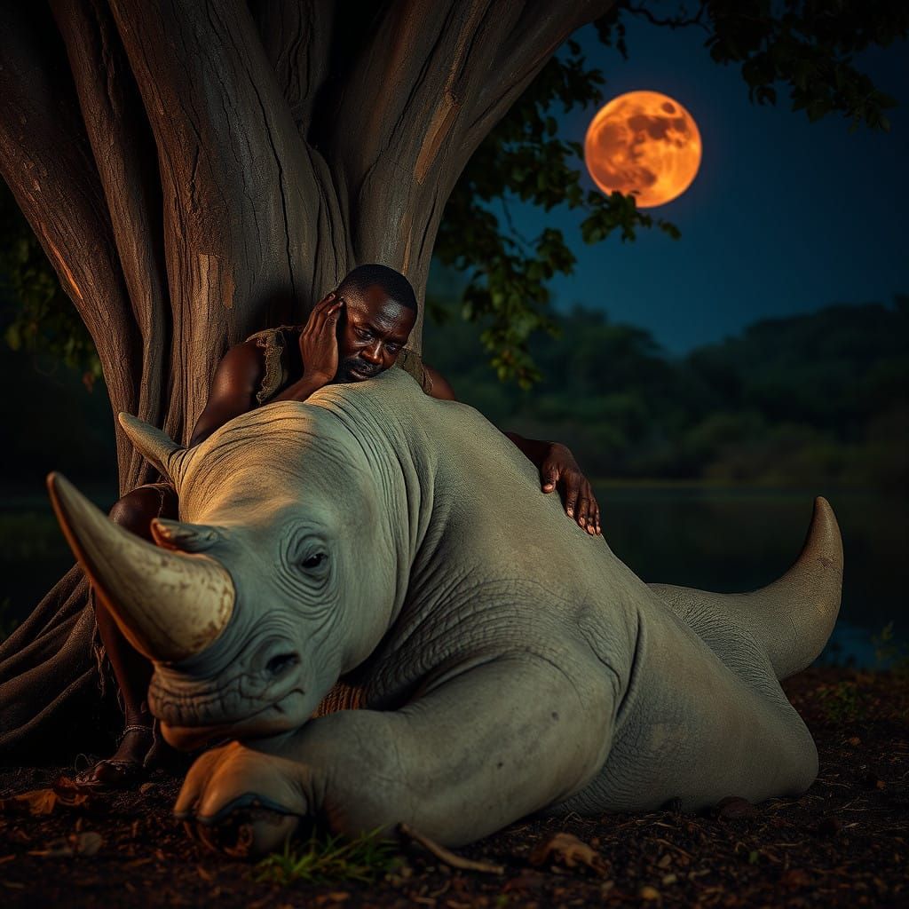 Man in Mourning Embraces a Fallen White Rhino in the African...