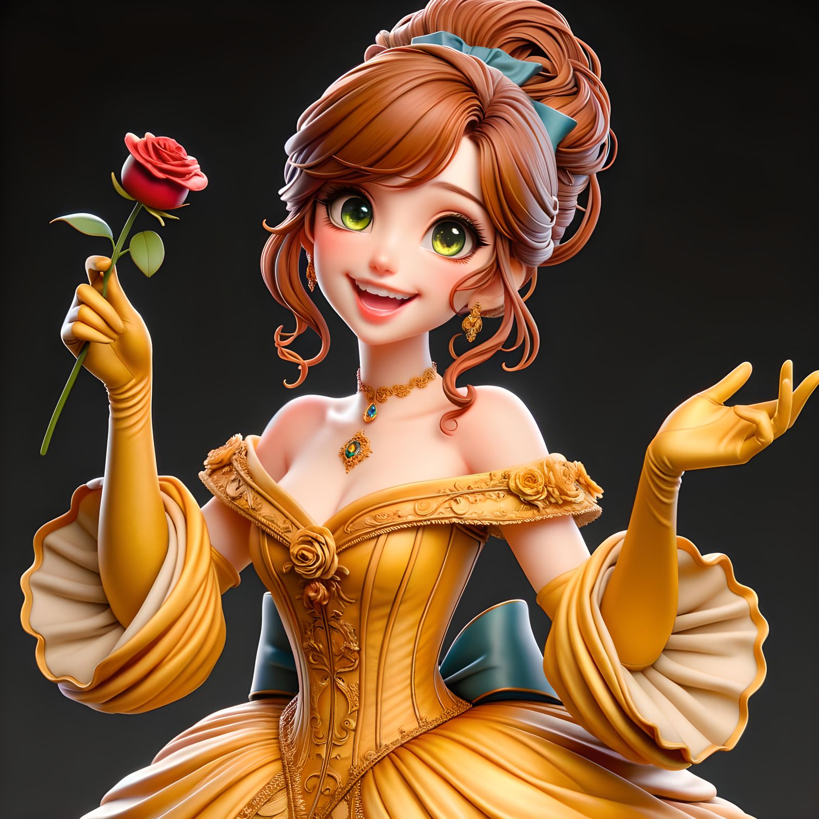 Princess in Gold Gown Holding a Red Rose