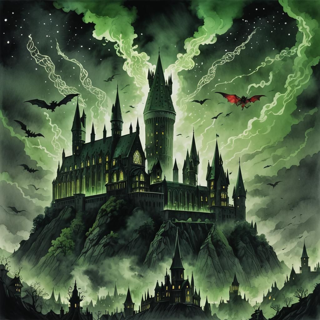 Hogwarts Halloween with Fog Wizards, in Anime Style