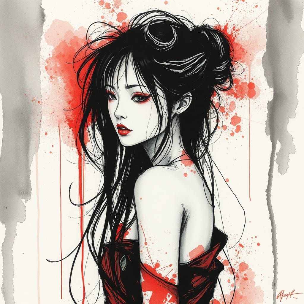 Graceful Dryad in Red and White Ink Wash