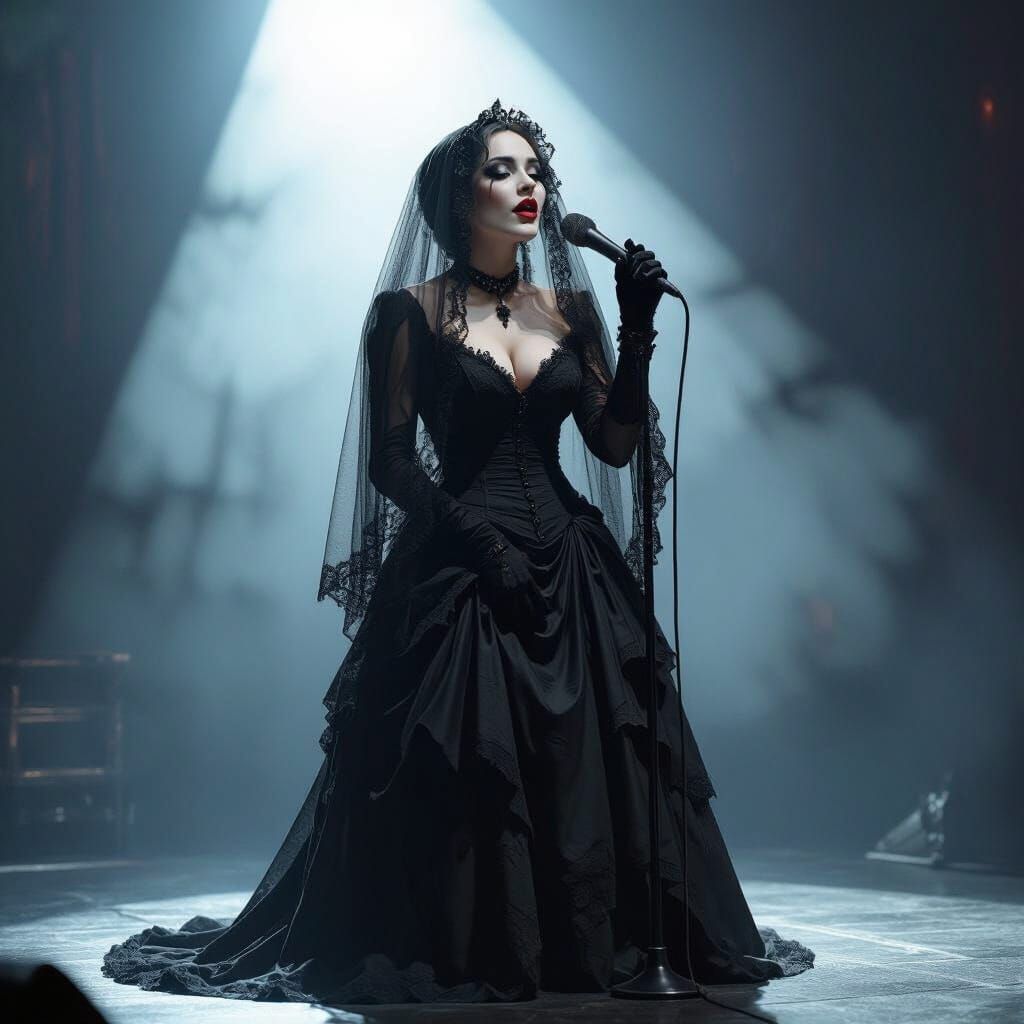 Gothic Bride Sings on Stage in Dark Elegance