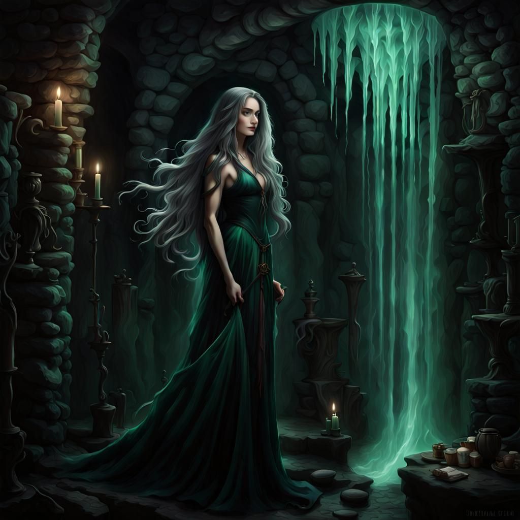 Mystical Witch with Crystal Ball in Cottage