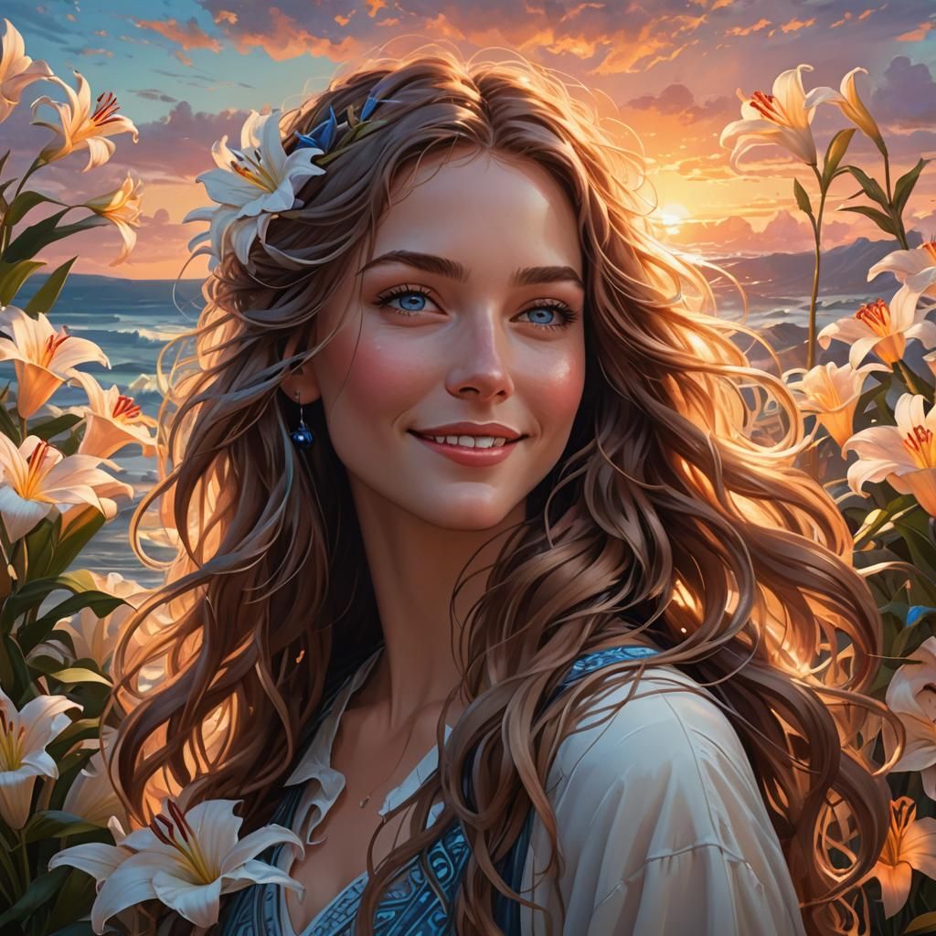 Beautiful Girl Portrait with Lilies, Hyperdetailed Digital A...