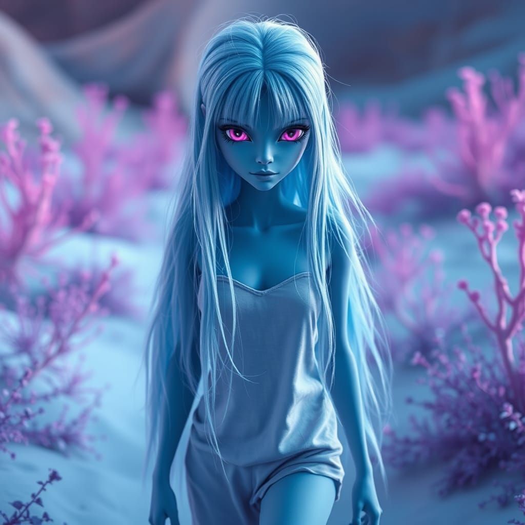 Beautiful Blue-Skinned Alien Woman in Alien Landscape